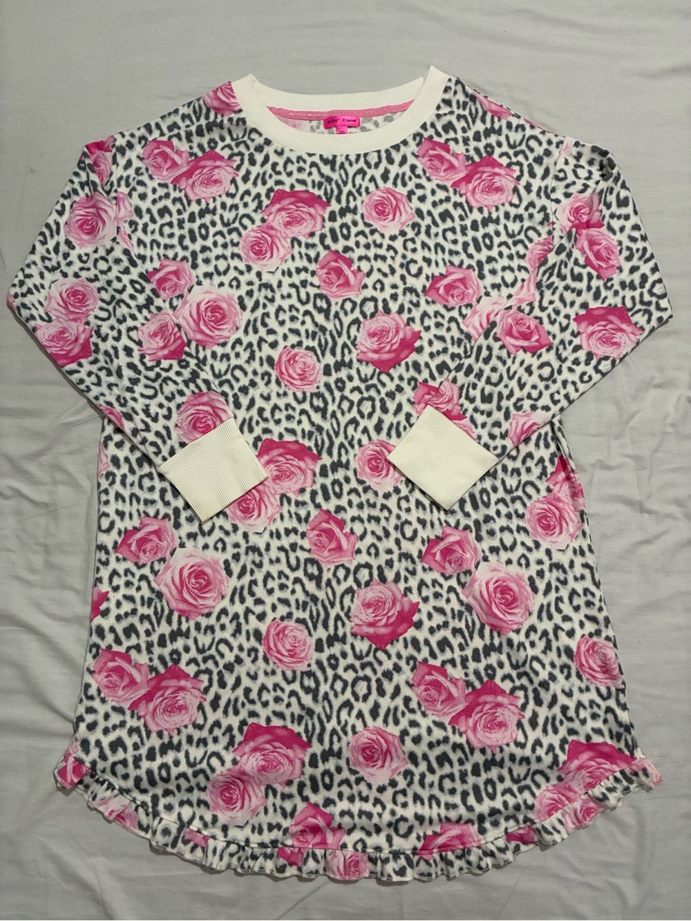 Betsey Johnson White & Pink Leopard Rose Print Long Sleeve Nightgown